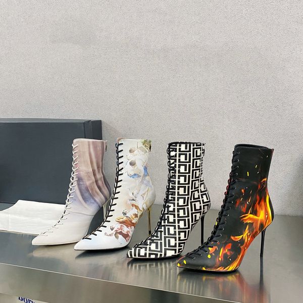 

qualit fire print uria jacquard ankle boots pointed toe stiletto heels printed leather calfskin sole women' luxury designer fashion par, Black