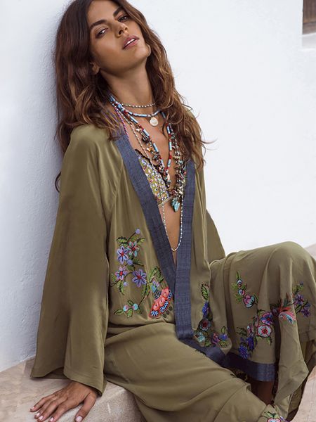 

women s swimwear fitshinling flowers embroidery beach kimono holiday army green vintage cover ups long sleeve autumn outer cover 230823, White;black