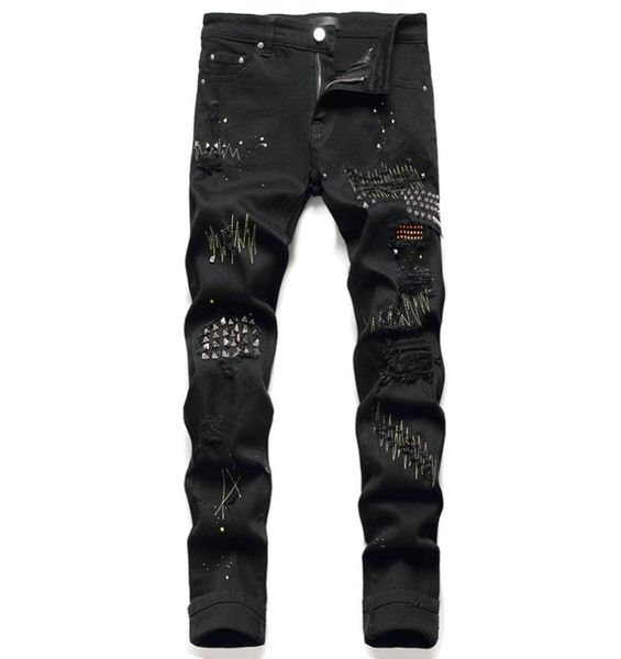 

black rivets men039s jeans stretch ripped paint denim pants fashion slim embroidery trousers punk style male clothing pantalone4439086, Blue