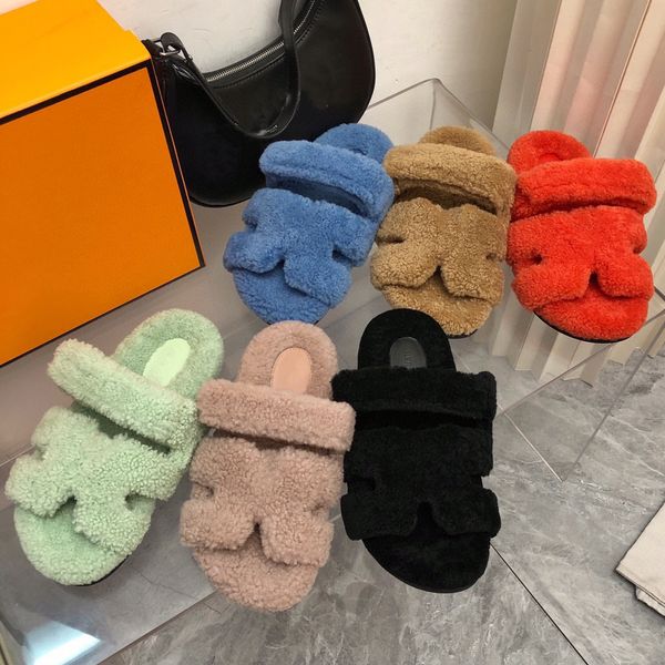 

casual shoes designer fur slippers slides chypre sandals men women sheep wool plush fluffy slipper warm winter flat fashion trendy shear, Black