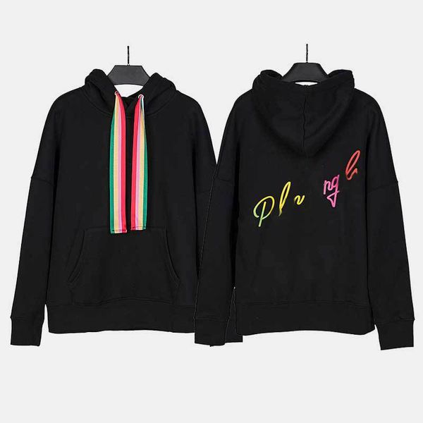 

designer hoodie plam sweater rainbow ribbon drawstring hooded sweater gradient painted velvet long sleeve sweater, Black