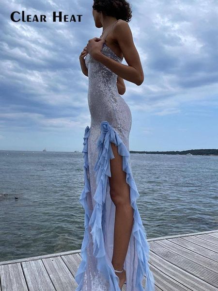 

basic casual dresses sequins ruffle split irregular slim dres fashion sleeveless backless flower blue vestidos elegant party robe 2023 23082, Black;gray