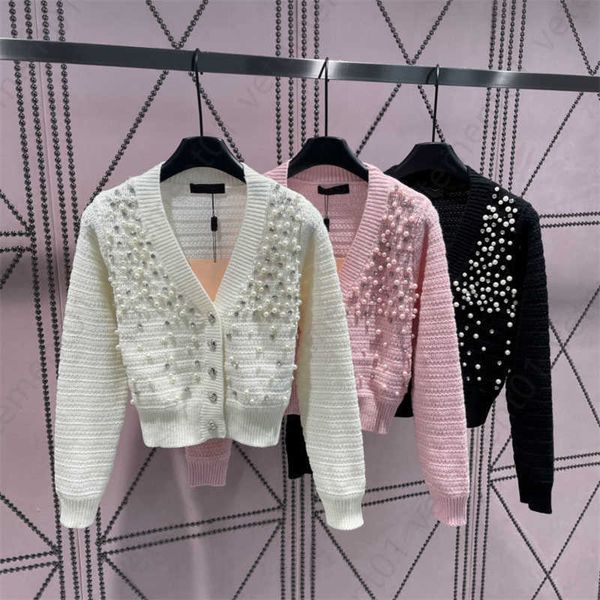 

23 fall cardigan designer sweater women knit coat super heavy duty full studded diamonds v-neck long sleeve sweaters womens streetwear, White;black