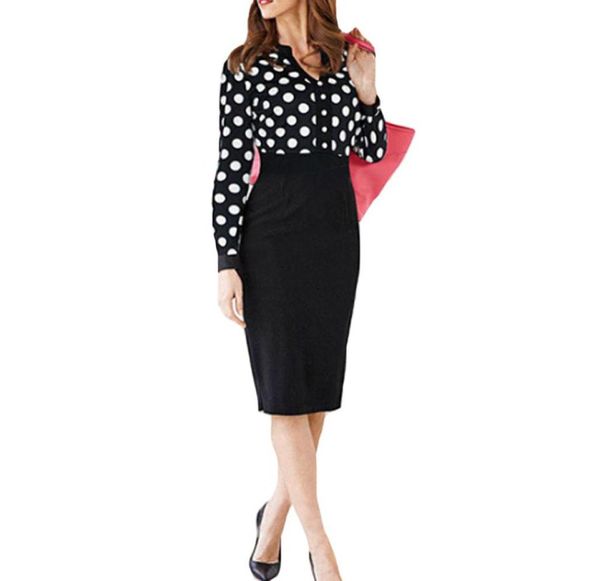 

women casual elegant black dot print dress work business office stitching bodycon pencil dress patchwork long sleeve v neck1214184, Black;gray