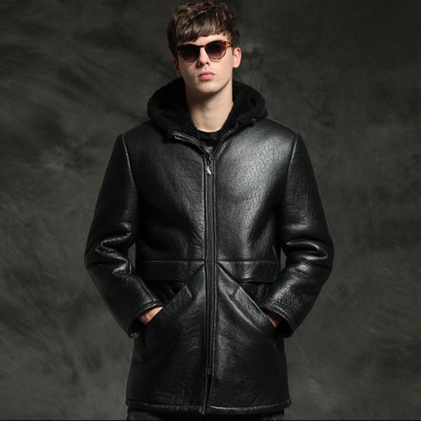

men's jackets casual thicken sheepskin fur shearling hooded jacket men winter warm real coat male medium long black outwear 230824, Black;brown