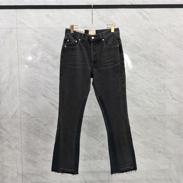 

23ss men usa zipper patchwork washed denim pants vintage jeans high street trousers bell bottoms291s, Black;brown