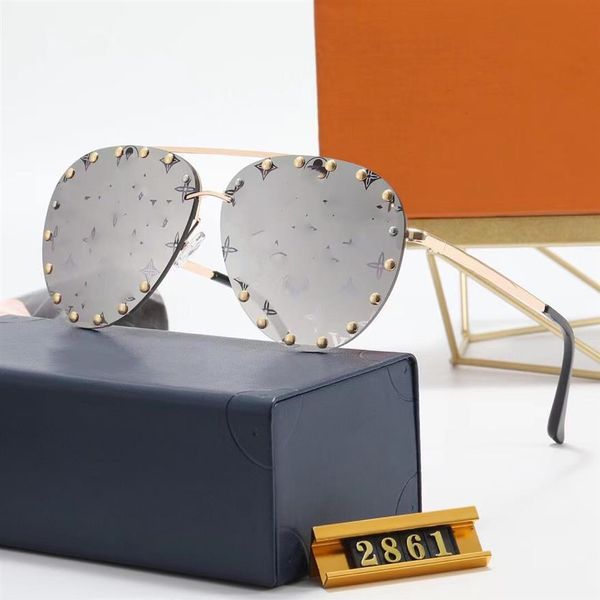 

2023 sunglasses gold brown shaded sun glasses women gold rivet fashion rimless sunglasses eye wear with original box 28612369, White;black
