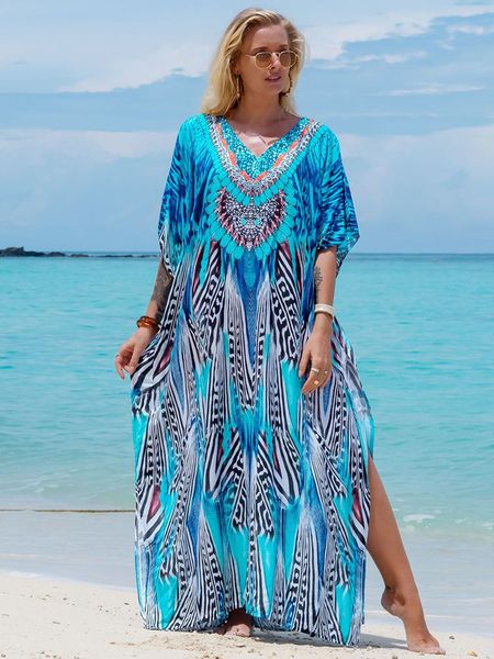 

women s swimwear bohemian seaside plus size print kaftan maxi dress v neck slit loose robe women 2023 summer beachwear swimsuit cover ups q1, White;black