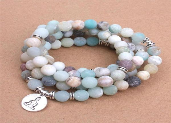 

beaded strands fashion women bracelet matte frosted amazonite beads with lotus om buddha charm yoga mala necklace9534056, Black