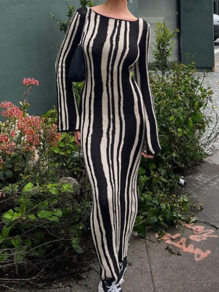 

basic casual dresses stripe wave maxi dres long dress fashion elegant bodycon dress ladies slim flare sleeve dress party dress 230824, Black;gray
