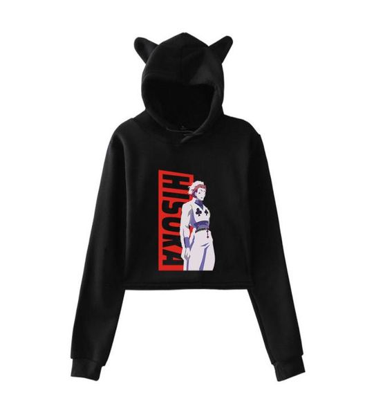 

anime hunter x hunter hisoka crop hoodie teenager girls kawaii cat ear cropped short sweatshirt hooded pullover women 1088608, Black