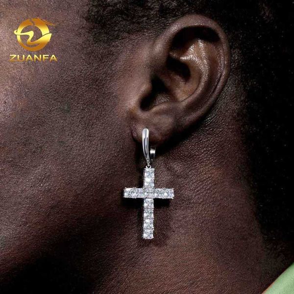 

custom princess cut cz zircon silver plated copper hip hop men cross earrings, Golden