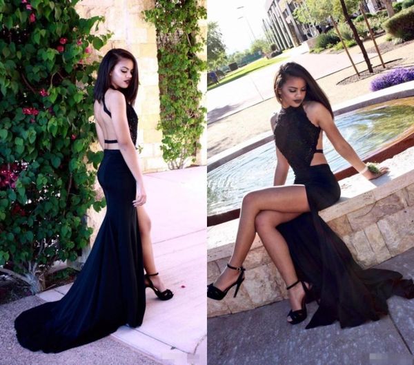 

2020 backless black mermaid evening dress halter neck side split long sleeves party prom dresses robe de soiree4619610