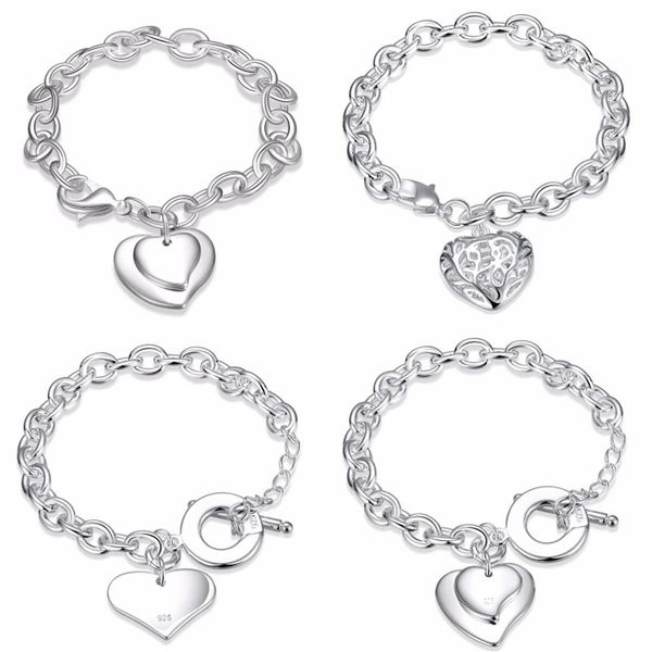 

whole mixed order 925 sterling silver plated heart pendant charm bracelet & bangles fashion party jewelry valentine's day264t, Golden;silver