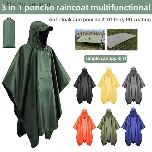 

3 in 1 hooded waterproof raincoat portable coat hiking camping poncho polyester taff pocket cape raincoat camping tent mat q230824
