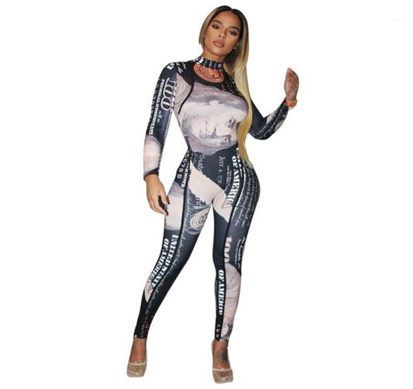 

money dollar printed moto biker skinny jumpsuit women fashoin long sleeve high waist bodycon romper street style party bodysuits w4545428, Black;white