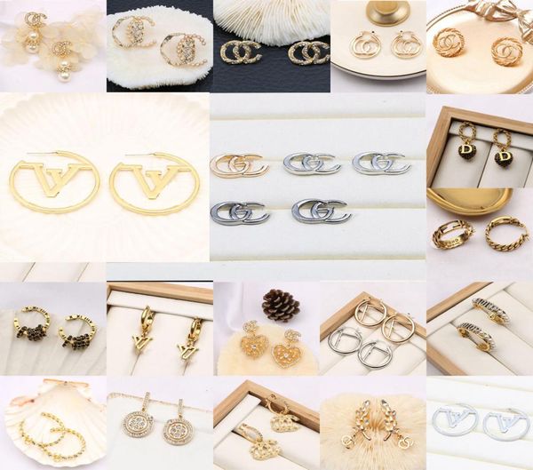 

lots 18k gold plated silver simple brand designers letters stud geometric famous charm women tassels crystal rhinestone pearl earr4998546, Golden;silver