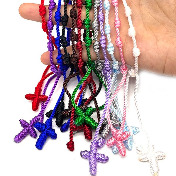 

bangle 12 pieces nylon rope knotted cross religious rosary bracelets wholesale fashion promotional handmade pulseras decenarios jewelry 2308, Black