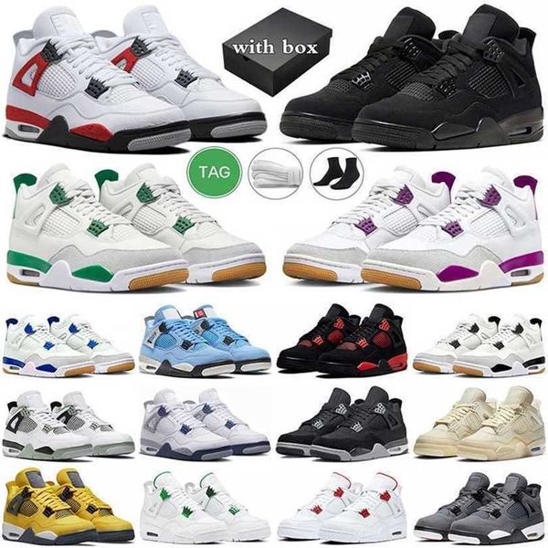 

box with 4 basketball shoes men women jumpman 4s pine green black cat purple sapphire red cement white cement mens cool grey bordeaux traine