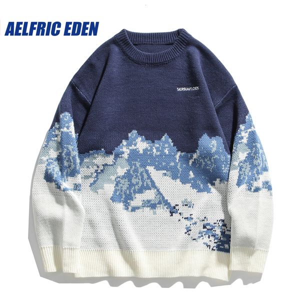 

men's sweaters harajuku vintage snow mountain pattern sweater men autumn winter loose knitted sweater hip hop streetwear knitwear pullo, White;black