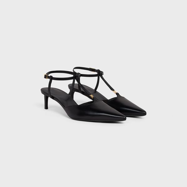 

2023 spring summer runway new high heels pointed lace-up kitten and leather fairy shoes 5cm, Black