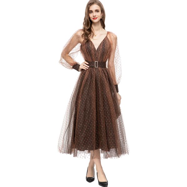 

women's runway dresses v neck long sleeves dots printed layered fashion a line high street vestidos, Black