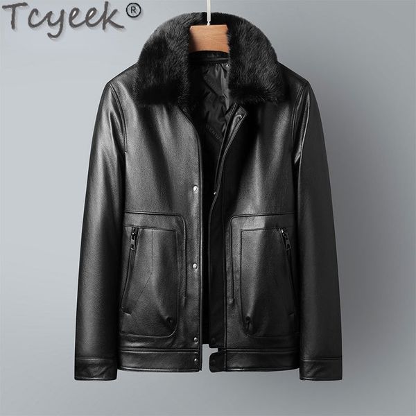 

men's jackets tcyeek 2023 genuine leather man jacket autumn winter casual cowhide coat natural mink fur collar fashion clothing jaqueta, Black;brown