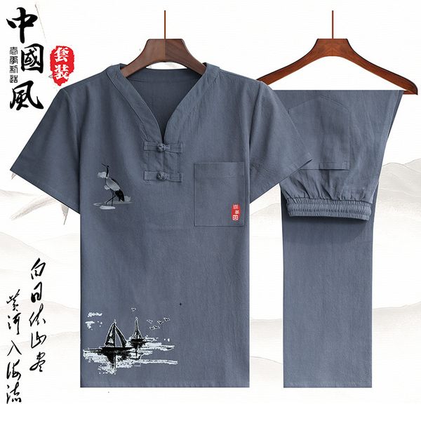 

men's tracksuits springsummer chinese style cotton and linen short sleeve trouser large size loose suit casual sets m5xl m026 230823, Gray