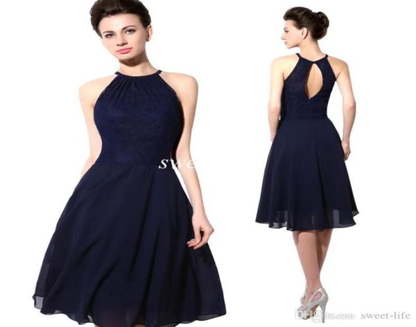 

2020 short party dresses navy blue lace open back a line chiffon knee length cocktail prom dress bridesmaid dress6246409, Black