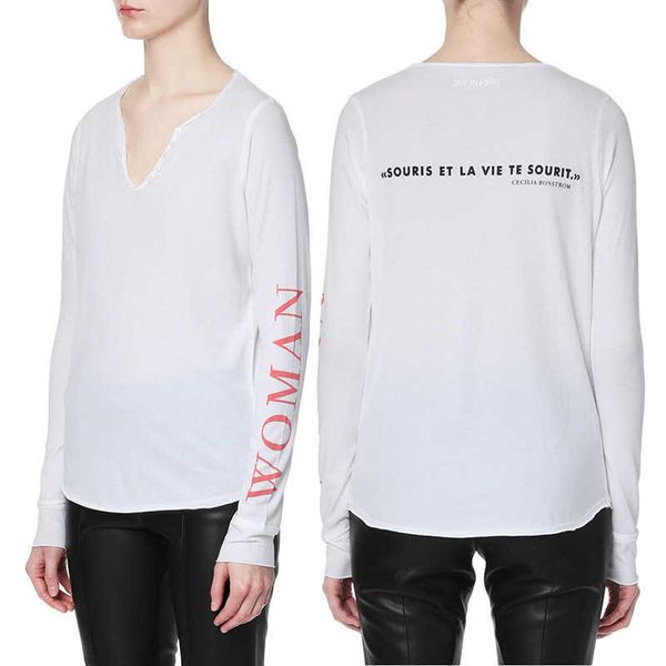 

zadig voltaire 23ss designer t shirt early autumn new women's zv sleeve woman print english v-neck cut rotten button pure cotton long s, White