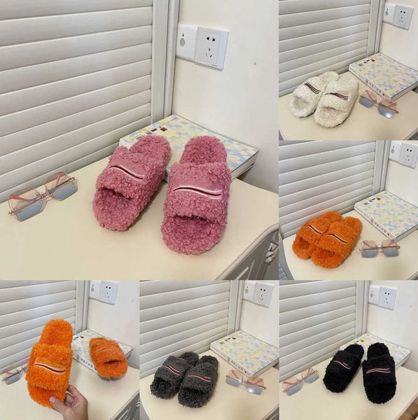 

2023 luxury embroidery fur slippers women designer comfort furry slide sheep wool leather sandals winter fluffy l warm fluffy fuzzy sherpa s, Black