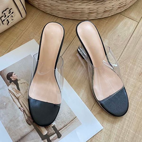 

designer sandals women's luxury slippers new transparent slope heel small fragrant wind fish mouth shoes casual fashion in summer-1, Black