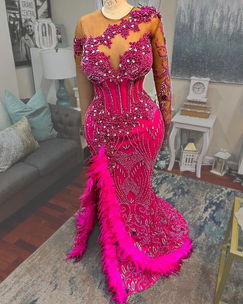 

2023 august aso ebi fuchsia mermaid prom dress lace beaded crystals evening formal party second reception birthday engagement gowns dresses, Black