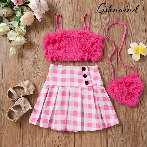 

clothing sets listenwind 2 8y children kids baby girls clothes toddler outfits summer plush vest plaid ruffle skirts crossbody 230823, White