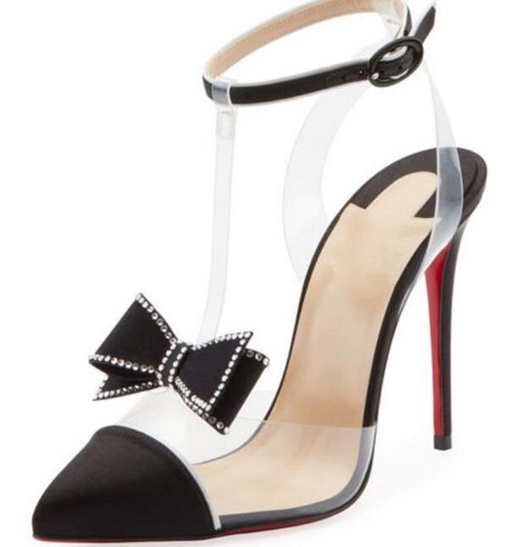

summer red bottoms shoe fashion slingback heels pumps red white pointed toe t strap clear high heels transparent heels women party shoes lux, Black