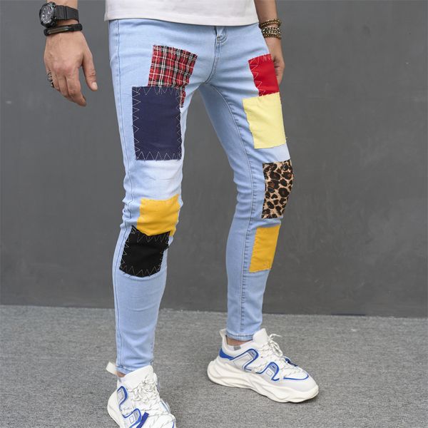 

men's jeans fashion jeans men's light blue patch slim fit small foot jeans cotton denim 230824