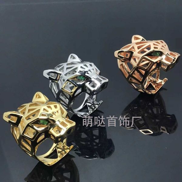 

wholesale card v gold exaggerated premium 3d hollow out green eyed leopard head ring personalized men's and women's index finger, Silver