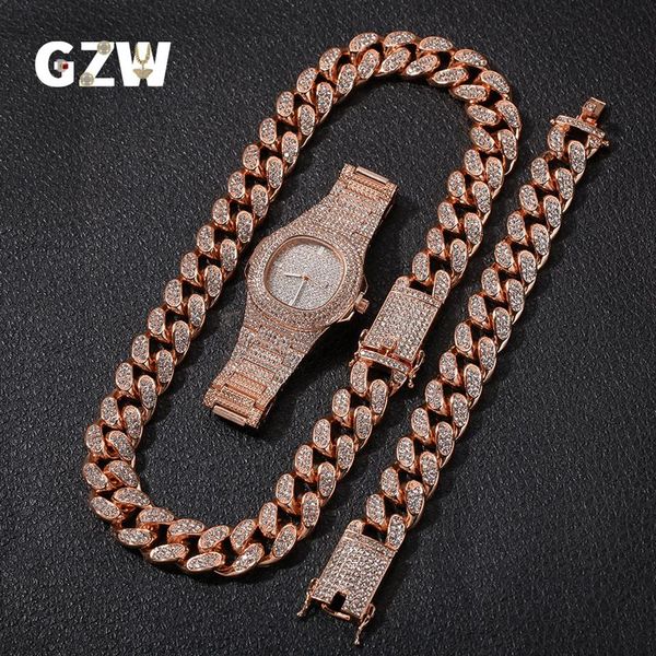 

new fashion personalized 20mm gold blingbling mens cuban link chain necklace bracelet watch set hip hop rapper jewelry gifts for m300o, Silver