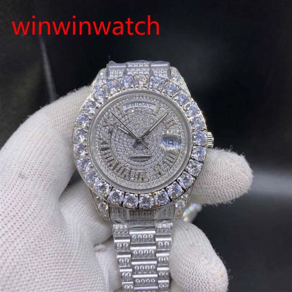 

luxury prong set watches 43mm silver big diamond mechanical man watch diamond face automatic mechanical stainless steel men's329r, Slivery;brown
