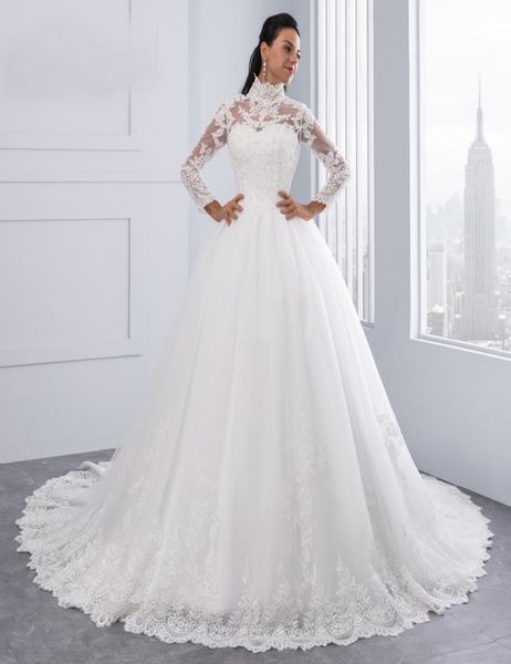 

vestido de noiva high neck iiiusion back long sleeve wedding dress lace ball gown wedding gowns robe de mariage5846430, White