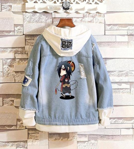 

men039s jackets fashion anime hokage madara uchiha gunbai layered denim ribbed long sleeve frayed hooded jean jacket cowboy 084297, Black;brown