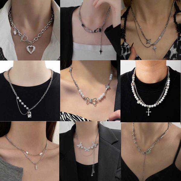 

fashion double-layer pearl necklace women's ins-style hip-hop fashion patchwork love strength chain sweater chain, Silver