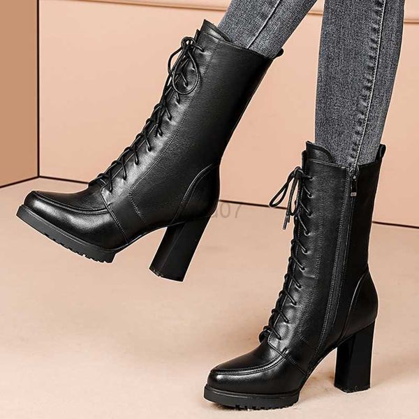 

boots rimocy warm short plush winter boots for women high heels pu leather mid calf boots woman platform motorcycle botas shoes, Black