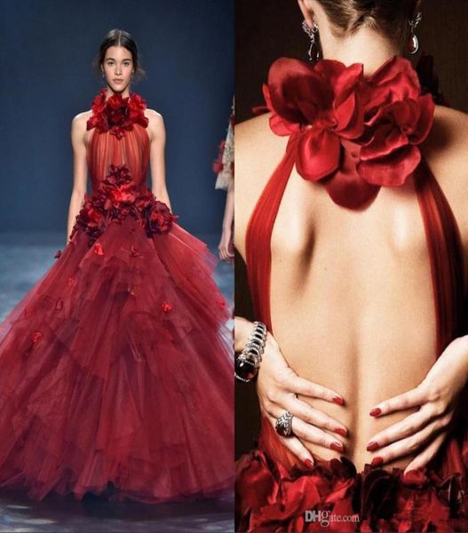 

marchesa burgundy prom dresses high neck 3d flower tiered ruffles backless ball gown evening dresses formal party gowns6970351, Black