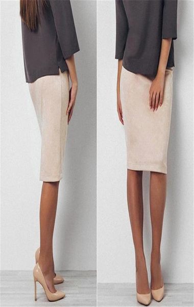 

skirts beige color suede midi pencil skirt women fashion elastic high waist office lady bodycon saias3606565, Black