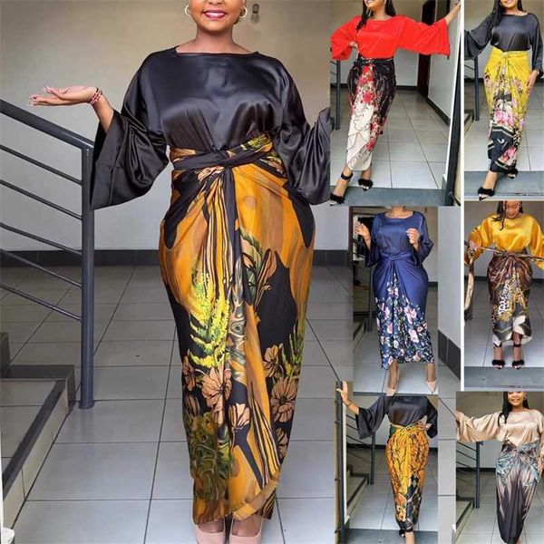 

summer autumn women two piece dress suit half sleeve fashion printed temperament bandage long skirt matching set, White