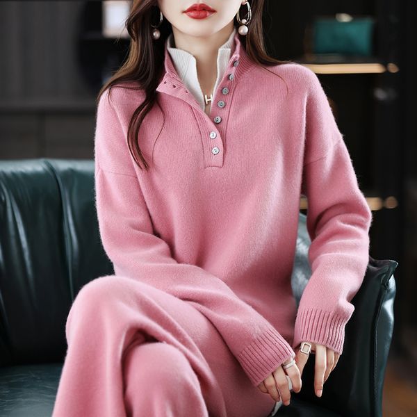 

women's two piece pants ladies 100 cashmere wool suit casual long sleeve pullover sweater solid color knit wide leg pure 230824, White