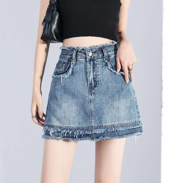 

retract cut denim skirt for women summer anti exposure high waisted babes a line bag short, Black