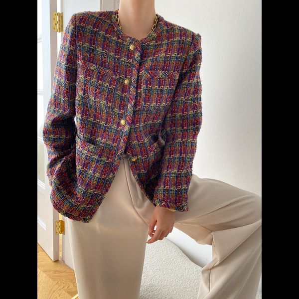

womens wool blends autumn burgundy red woven tweed plaid elegant coat women french small fragrance loose casual long sleeve daily lady jacke, Black