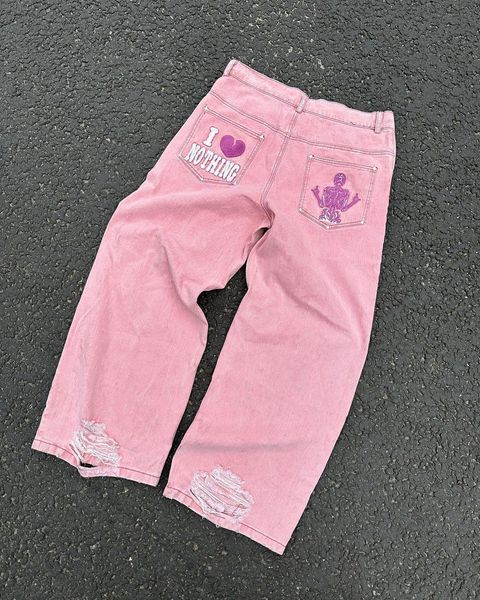 

women's jeans retro y2k jeans harajuku pink skull embroidery baggy jeans black pants men's punk rock hip hop gothic wide leg jeans, Blue